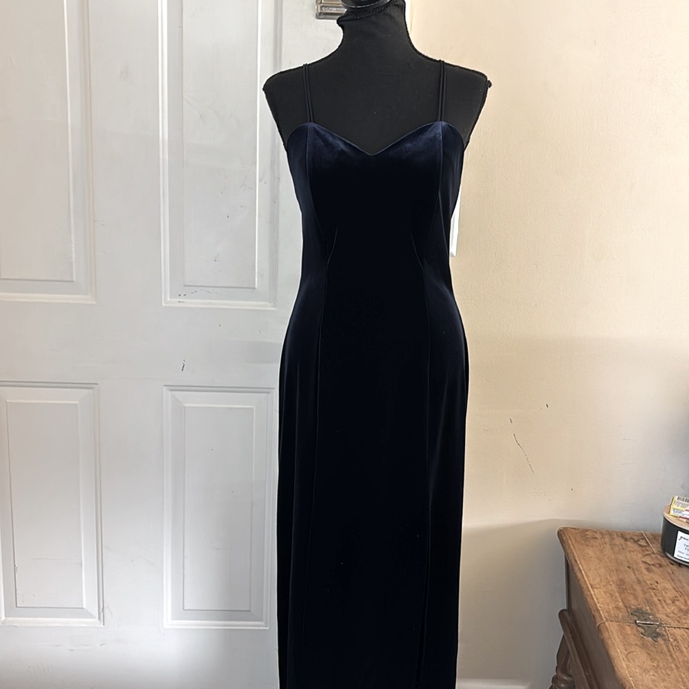 Vintage Peteria Navy Blue Velvet Sleeveless Side Slit Cocktail‎ Dress Size XL